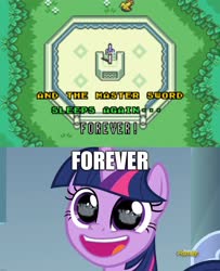 Size: 1920x2360 | Tagged: safe, edit, edited screencap, screencap, twilight sparkle, alicorn, pony, g4, sparkle's seven, crown, dialogue, female, forever, hard-won helm of the sibling supreme, link, mare, master sword, reflection, sword, text, the legend of zelda, the legend of zelda: a link to the past, twilight sparkle (alicorn), video game, video game reference, weapon, wide eyes