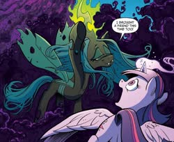 Size: 848x692 | Tagged: safe, artist:andypriceart, idw, official comic, queen chrysalis, twilight sparkle, alicorn, changeling, changeling queen, pony, g4, siege of the crystal empire, spoiler:comic35, comic panel, cropped, duo, female, implied king sombra, magic, magic aura, mare, raised hoof, smug, spread wings, twilight sparkle (alicorn), wings