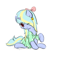Size: 300x300 | Tagged: safe, artist:jerryenderby, oc, oc:dreamy cyanstrings, pony, unicorn, bell, bow, clothes, cute, daaaaaaaaaaaw, dress, eye clipping through hair, female, green dress, hair bow, looking at you, mare, one eye closed, simple background, sketch, white background, wink, winking at you