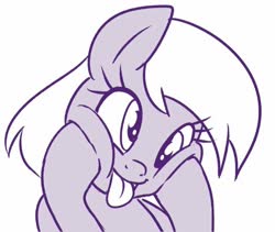 Size: 526x444 | Tagged: safe, artist:sorcerushorserus, derpy hooves, pegasus, pony, g4, bust, female, mare, monochrome, silly, simple background, solo, squishy cheeks, tongue out, white background