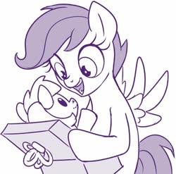 Size: 627x619 | Tagged: safe, artist:sorcerushorserus, rainbow dash, scootaloo, pegasus, pony, g4, art, bipedal, blank flank, cute, cutealoo, female, filly, happy, monochrome, open mouth, open smile, plushie, present, rainbow dash plushie, scootalove, simple background, smiling, solo, spread wings, white background, wings