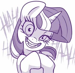 Size: 588x572 | Tagged: safe, artist:sorcerushorserus, twilight sparkle, pony, unicorn, g4, crazy face, evil laugh, faic, female, head tilt, laughing, looking at you, maniacal laugh, mare, monochrome, simple background, solo, twilight snapple, unicorn twilight, white background