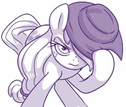Size: 627x532 | Tagged: safe, artist:sorcerushorserus, applejack, earth pony, pony, g4, annoyed, female, lidded eyes, looking at you, mare, monochrome, simple background, solo, white background
