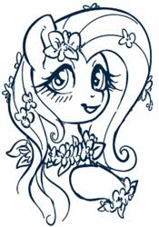 Size: 419x598 | Tagged: safe, artist:sorcerushorserus, fluttershy, pegasus, pony, g4, black and white, blushing, bust, female, flower, flower in hair, grayscale, lineart, mare, monochrome, simple background, solo, white background