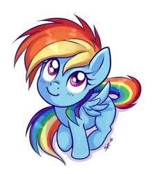 Size: 712x809 | Tagged: safe, artist:sorcerushorserus, rainbow dash, pegasus, pony, g4, blank flank, blushing, cute, dashabetes, female, filly, filly rainbow dash, looking up, simple background, sitting, smiling, solo, white background, younger