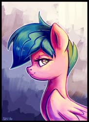 Size: 468x640 | Tagged: safe, artist:sorcerushorserus, firefly, pegasus, pony, g1, abstract background, bust, female, lidded eyes, mare, outline, profile, solo