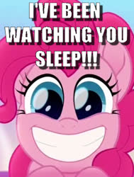 Size: 331x438 | Tagged: safe, edit, edited screencap, screencap, pinkie pie, earth pony, pony, g4, my little pony: rainbow roadtrip, adoracreepy, caption, creepy, cropped, cute, female, image macro, looking at you, mare, meme, obsessed, solo, text