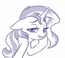 Size: 682x601 | Tagged: safe, artist:sorcerushorserus, sunset shimmer, pony, unicorn, g4, female, floppy ears, grayscale, lidded eyes, lineart, looking at you, mare, monochrome, simple background, solo, white background