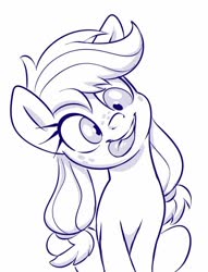 Size: 542x709 | Tagged: safe, artist:sorcerushorserus, applejack, earth pony, pony, g4, derp, female, filly, filly applejack, head tilt, monochrome, pigtails, silly, silly face, silly pony, simple background, sitting, solo, tongue out, twintails, white background, who's a silly pony, younger
