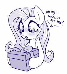 Size: 666x736 | Tagged: safe, artist:sorcerushorserus, fluttershy, pegasus, pony, g4, blushing, bust, cute, female, grayscale, hoof hold, mare, monochrome, present, shyabetes, simple background, solo, white background