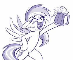 Size: 803x658 | Tagged: safe, artist:sorcerushorserus, rainbow dash, pegasus, pony, g4, bipedal, blushing, cider, cider dash, cute, dashabetes, drunk, drunker dash, eyes closed, female, go home you're drunk, grayscale, happy, hoof hold, mare, monochrome, mug, open mouth, open smile, simple background, smiling, solo, white background