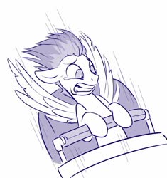 Size: 652x695 | Tagged: safe, artist:sorcerushorserus, flash sentry, pegasus, pony, g4, grayscale, gritted teeth, male, monochrome, roller coaster, simple background, solo, stallion, teary eyes, white background, windswept mane