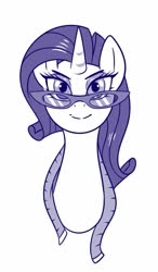 Size: 446x764 | Tagged: safe, artist:sorcerushorserus, rarity, pony, unicorn, g4, bust, female, glasses, looking at you, mare, measuring tape, monochrome, simple background, solo, white background