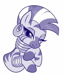 Size: 534x638 | Tagged: safe, artist:sorcerushorserus, zecora, pony, zebra, g4, cute, female, hoof on chin, looking at you, mare, monochrome, one eye closed, simple background, solo, white background, wink, zecorable