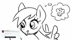 Size: 746x417 | Tagged: safe, artist:sorcerushorserus, derpy hooves, pegasus, pony, g4, female, food, mare, monochrome, muffin, solo, thought bubble