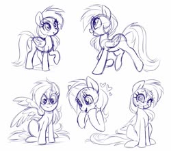 Size: 943x833 | Tagged: safe, artist:sorcerushorserus, rainbow dash, pegasus, pony, g4, cute, dashabetes, female, floating heart, grayscale, heart, looking at you, mare, monochrome, raised hoof, simple background, sitting, sketch, sketch dump, solo, walking, white background