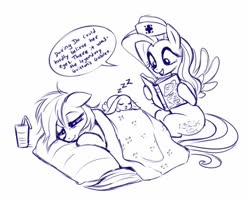 Size: 741x589 | Tagged: safe, artist:sorcerushorserus, angel bunny, fluttershy, rainbow dash, pegasus, pony, g4, blanket, caring for the sick, female, grayscale, hat, lineart, mare, monochrome, nurse, nurse hat, onomatopoeia, pillow, reading, sick, sleeping, smiling, sound effects, speech bubble, zzz
