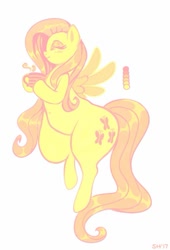 Size: 585x859 | Tagged: safe, artist:sorcerushorserus, fluttershy, semi-anthro, g4, arm hooves, color palette, eyes closed, female, hoof hold, limited palette, mug, simple background, solo, thighs, thunder thighs, white background, wide hips