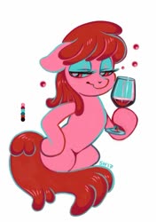Size: 667x945 | Tagged: safe, artist:sorcerushorserus, berry punch, berryshine, earth pony, pony, g4, alcohol, color palette, dexterous hooves, drunk, drunk bubbles, female, glass, hoof hold, hoof on hip, limited palette, simple background, solo, white background, wine, wine glass