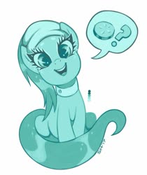 Size: 781x931 | Tagged: safe, artist:sorcerushorserus, lotus blossom, earth pony, pony, g4, cucumber, female, food, looking at you, mare, monochrome, pictogram, question mark, simple background, sitting, smiling, solo, speech bubble, white background