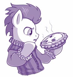 Size: 607x639 | Tagged: safe, artist:sorcerushorserus, soarin', pony, g4, bust, clothes, hamlet, hoof hold, male, monochrome, pie, ruff (clothing), simple background, solo, that pony sure does love pies, thinking, white background, william shakespeare