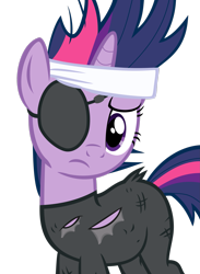 Size: 2093x2865 | Tagged: safe, artist:decompressor, twilight sparkle, pony, unicorn, g4, it's about time, bandana, clothes, eyepatch, female, frown, future twilight, high res, mare, messy mane, simple background, solo, torn clothes, transparent background, unicorn twilight, vector