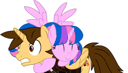 Size: 10807x6241 | Tagged: safe, artist:ejlightning007arts, oc, oc only, oc:ej, oc:hsu amity, alicorn, pony, absurd resolution, alicorn oc, clothes, cute, duo, eyes closed, flying, horn, hug, simple background, surprised, transparent background, vector, wide eyes, wings