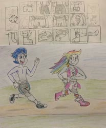 Size: 400x484 | Tagged: safe, artist:13mcjunkinm, rainbow dash, soarin', equestria girls, g4, boots, boxing boots, boxing shoes, boxing shorts, boxing skirt, boxing trunks, bra, clothes, comic, cycling shorts, exeron fighters, exeron outfit, female, jogging, male, montage, mouth guard, ship:soarindash, shipping, shoes, sneakers, socks, sports bra, sports outfit, straight, traditional art, underwear, watch, wristwatch