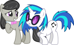 Size: 3111x1927 | Tagged: safe, artist:emedina13, dj pon-3, octavia melody, vinyl scratch, earth pony, pony, unicorn, g4, bow, duo, duo female, female, giggling, mare, raised hoof, simple background, smiling, sunglasses, transparent background, vector