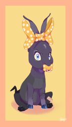 Size: 794x1385 | Tagged: safe, artist:qatsby, oc, oc only, oc:persephone, draconequus, hybrid, baby, bow, cloven hooves, interspecies offspring, looking at you, offspring, pacifier, parent:discord, parent:twilight sparkle, parents:discolight, simple background, sitting, solo, yellow background