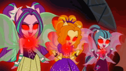 Size: 1920x1080 | Tagged: safe, edit, edited screencap, screencap, adagio dazzle, aria blaze, sonata dusk, equestria girls, g4, my little pony equestria girls: rainbow rocks, acapella, amulet, cropped, fin wings, glowing eyes, jewelry, necklace, open mouth, red eyes, singing, sleeveless, sound, sound only, the dazzlings, webm, welcome to the show, wings