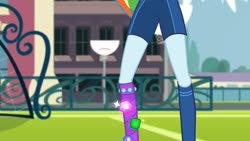 Size: 1280x720 | Tagged: safe, screencap, rainbow dash, equestria girls, g4, my little pony equestria girls: choose your own ending, sock it to me, sock it to me: rarity, blue skin, clothes, female, gym shorts, high socks, sexy, shorts, solo, sports shorts, tomboy