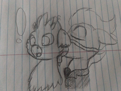 Size: 2016x1512 | Tagged: safe, artist:lightningflash, oc, oc only, oc:gyro feather, oc:gyro tech, oc:lightning flash, griffon, pegasus, pony, exclamation point, griffonized, licking, lined paper, male, pencil drawing, species swap, tongue out, traditional art
