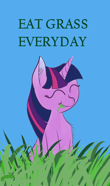 Size: 728x1228 | Tagged: safe, artist:purblehoers, twilight sparkle, pony, unicorn, chest fluff, colored eartips, cute, ear fluff, eating, eyes closed, featured image, female, grammar error, grass, grazing, happy, herbivore, horses doing horse things, mare, outdoors, signature, simple background, sitting, smiling, solo, text, twiabetes, unicorn twilight