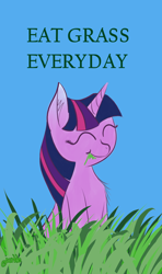 Size: 728x1228 | Tagged: safe, artist:purblehoers, twilight sparkle, pony, unicorn, g4, chest fluff, colored eartips, cute, ear fluff, eating, eyes closed, featured image, female, grammar error, grass, grazing, happy, herbivore, horses doing horse things, mare, outdoors, signature, simple background, sitting, smiling, solo, text, touch grass, twiabetes, unicorn twilight
