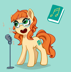 Size: 1280x1308 | Tagged: safe, artist:lilfunkman, oc, oc only, pony, book, cutie mark, eighth note, freckles, glasses, microphone, music notes, simple background, singing, solo