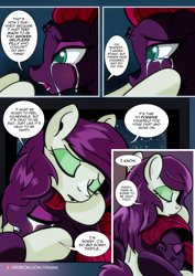 Size: 2480x3508 | Tagged: safe, artist:dsana, fizzlepop berrytwist, tempest shadow, oc, oc:thistledown, earth pony, pony, unicorn, comic:a storm's lullaby, g4, blushing, comic, crying, dialogue, female, high res, mare