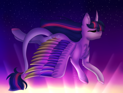 Size: 6300x4800 | Tagged: safe, artist:tomboygirl45, artist:unknownartist20, twilight sparkle, alicorn, pony, g4, absurd resolution, colored wings, eyes closed, female, flying, mare, multicolored wings, solo, twilight (astronomy), twilight sparkle (alicorn), wings