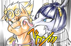 Size: 1989x1295 | Tagged: safe, artist:thurder2020, pony, bad touch, bruno buccellati, colored sketch, duo, duo male, giorno giovanna, jojo's bizarre adventure, licking, male, personal space invasion, ponified, tongue out, vento aureo