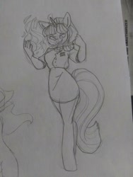 Size: 1224x1632 | Tagged: safe, artist:gaydawn, starlight glimmer, unicorn, anthro, g4, clothes, female, glowing horn, horn, magic, monochrome, skirt, skirt suit, solo, suit, traditional art