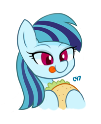 Size: 582x713 | Tagged: safe, artist:handgunboi, sonata dusk, pony, g4, cute, female, food, ponified, simple background, solo, sonatabetes, sonataco, taco, that girl sure loves tacos, that pony sure does love tacos, that siren sure does love tacos, tongue out, white background, wrong mane