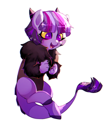 Size: 1044x1195 | Tagged: safe, artist:riukime, oc, oc only, oc:jinx, draconequus, hybrid, female, filly, interspecies offspring, offspring, parent:discord, parent:twilight sparkle, parents:discolight, simple background, solo, white background