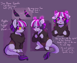Size: 1750x1445 | Tagged: safe, artist:riukime, oc, oc only, oc:jinx, draconequus, hybrid, draconequus oc, female, interspecies offspring, offspring, parent:discord, parent:twilight sparkle, parents:discolight, reference sheet, solo