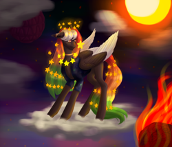 Size: 2800x2400 | Tagged: safe, artist:sinfulstew, oc, pegasus, pony, cloud, female, fire, high res, mare, night, sun