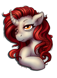 Size: 2145x2944 | Tagged: safe, artist:pingwinowa, oc, oc only, oc:obsidian, pony, unicorn, fanfic:kruchość obsydianu, bust, commission, curved horn, fanfic art, female, high res, horn, parent:king sombra, simple background, solo, tired, transparent background