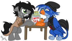 Size: 1920x1080 | Tagged: safe, artist:showtimeandcoal, oc, oc only, oc:ben, oc:nightshade, earth pony, griffon, pony, beanie, burb, clothes, coat, commission, digital art, duo, frustrated, frustration, hat, holding breath, jacket, jar, nervous, nervous sweat, ponysona, scar, simple background, swear jar, sweat, table, transparent background