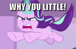 Size: 1033x668 | Tagged: safe, edit, edited screencap, screencap, starlight glimmer, pony, unicorn, g4, the ending of the end, caption, cropped, female, image macro, jumping, mare, meme, solo, text, the simpsons, why you little