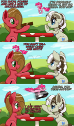 Size: 1280x2164 | Tagged: safe, artist:clouddg, pinkie pie, oc, oc:lovelace, oc:pun, earth pony, pony, ask pun, g4, ask, bullet bill, dialogue, eyes closed, female, happy, mare, pronking, super mario bros.