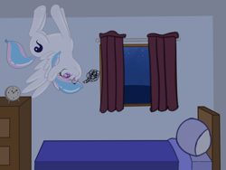 Size: 3200x2400 | Tagged: safe, artist:eyeburn, oc, oc only, oc:starburn, balloon pony, inflatable pony, pegasus, pony, balloon, bed, ceiling, clock, curtains, dresser, female, frustrated, high res, inflatable, mare, night, solo, upside down