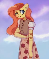 Size: 900x1100 | Tagged: safe, artist:raily, fluttershy, anthro, g4, buttons, clothes, cloud, dress, female, one eye closed, sky, smiling, solo